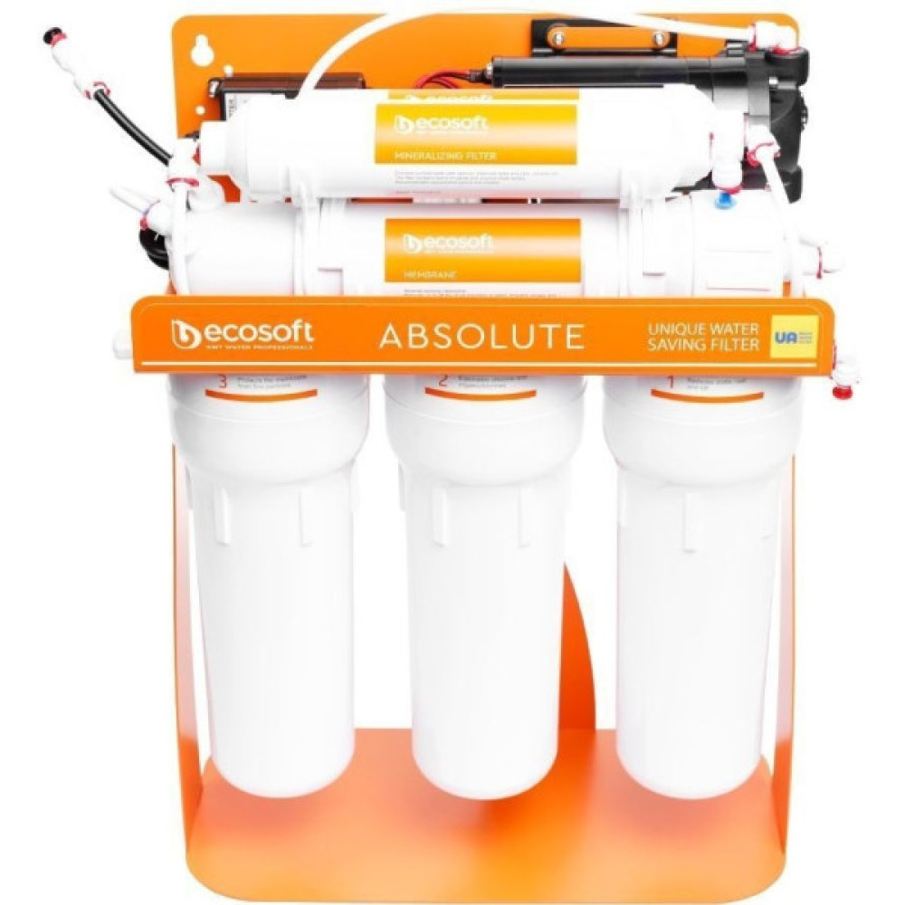 Фільтр зворотного осмосу Ecosoft Absolute з мінералізатором та помпою на станині, мембрана 75gpd DuPont, дренаж 1:1
