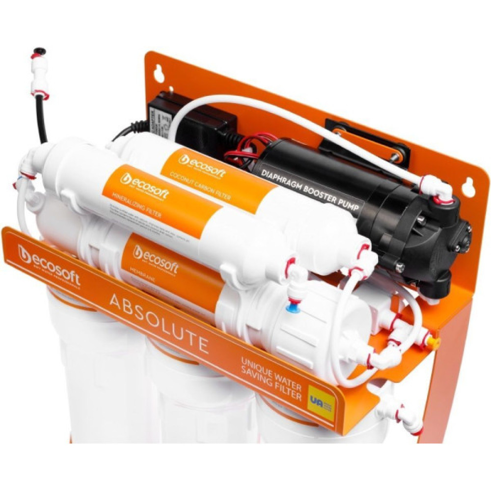 Фільтр зворотного осмосу Ecosoft Absolute з мінералізатором та помпою на станині, мембрана 75gpd DuPont, дренаж 1:1