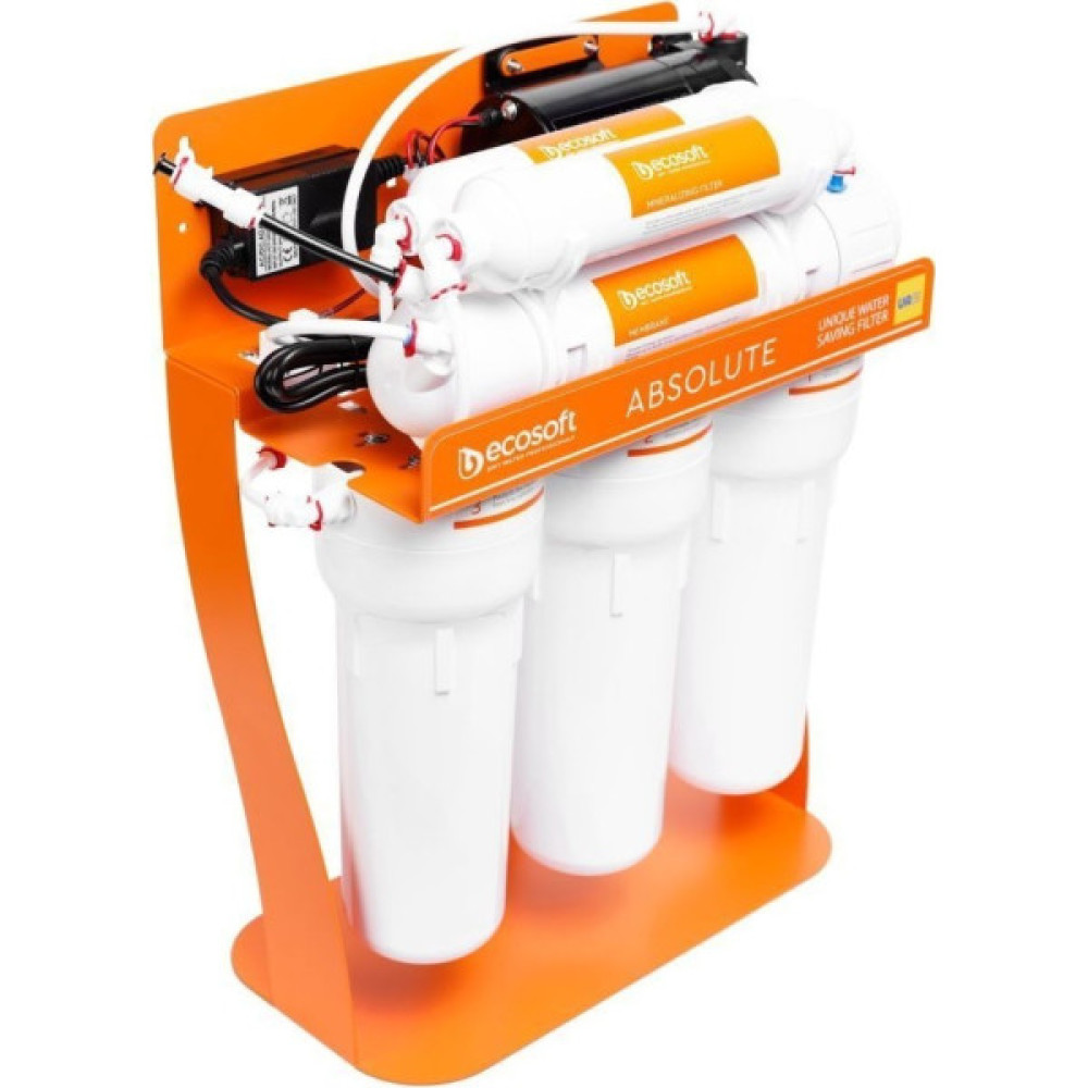 Фільтр зворотного осмосу Ecosoft Absolute з мінералізатором та помпою на станині, мембрана 75gpd DuPont, дренаж 1:1