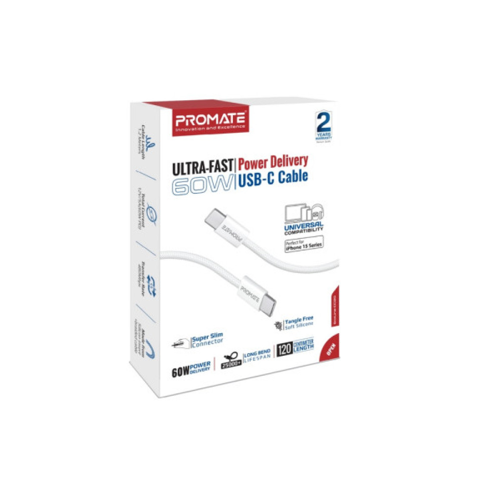 Дата кабель USB-C to USB-C 1.2m Promate (ecoline-cc120.white)
