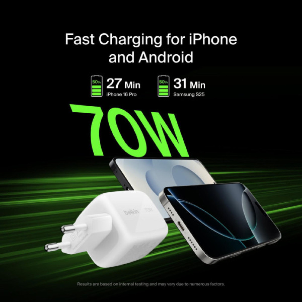 Зарядний пристрій Belkin 2xUSB-C + 1xUSB PD70W PPS GaN white (WCH018HQWH)