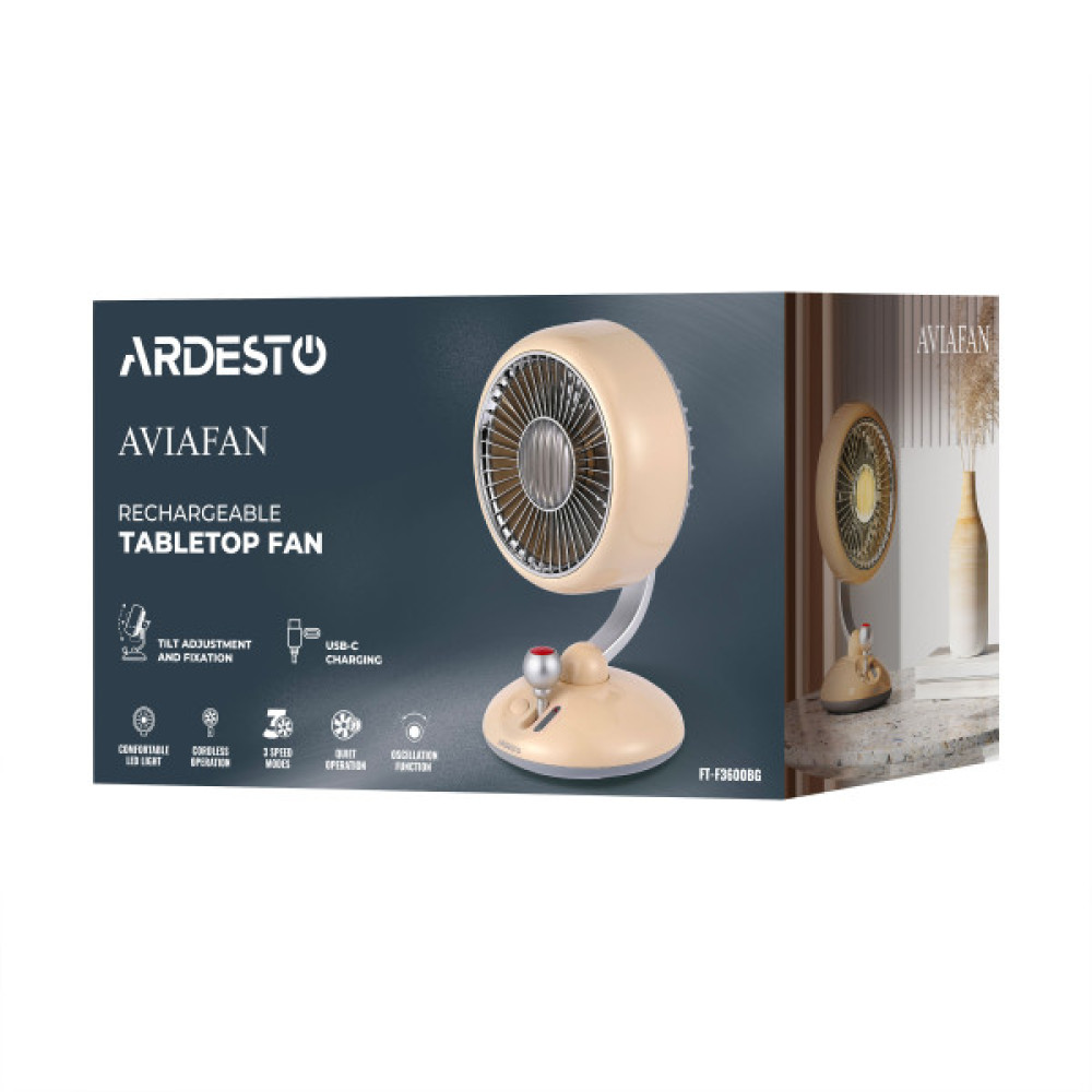 Вентилятор ARDESTO AviaFan FT-F3600BG настільний, 12см, акумулятор, підсвічування, USB-A Type-C, бежевий