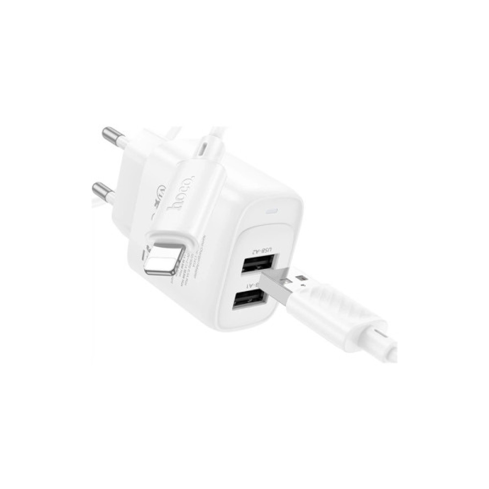 Зарядний пристрій HOCO C141A 2xUSB + cable USB to Lightning white (6942007627870)
