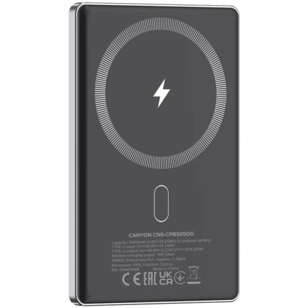 Батарея універсальна Canyon 5000mAh OnPower 505 slim Magsafe PD/20W Dark Grey (CNS-CPB505DG)