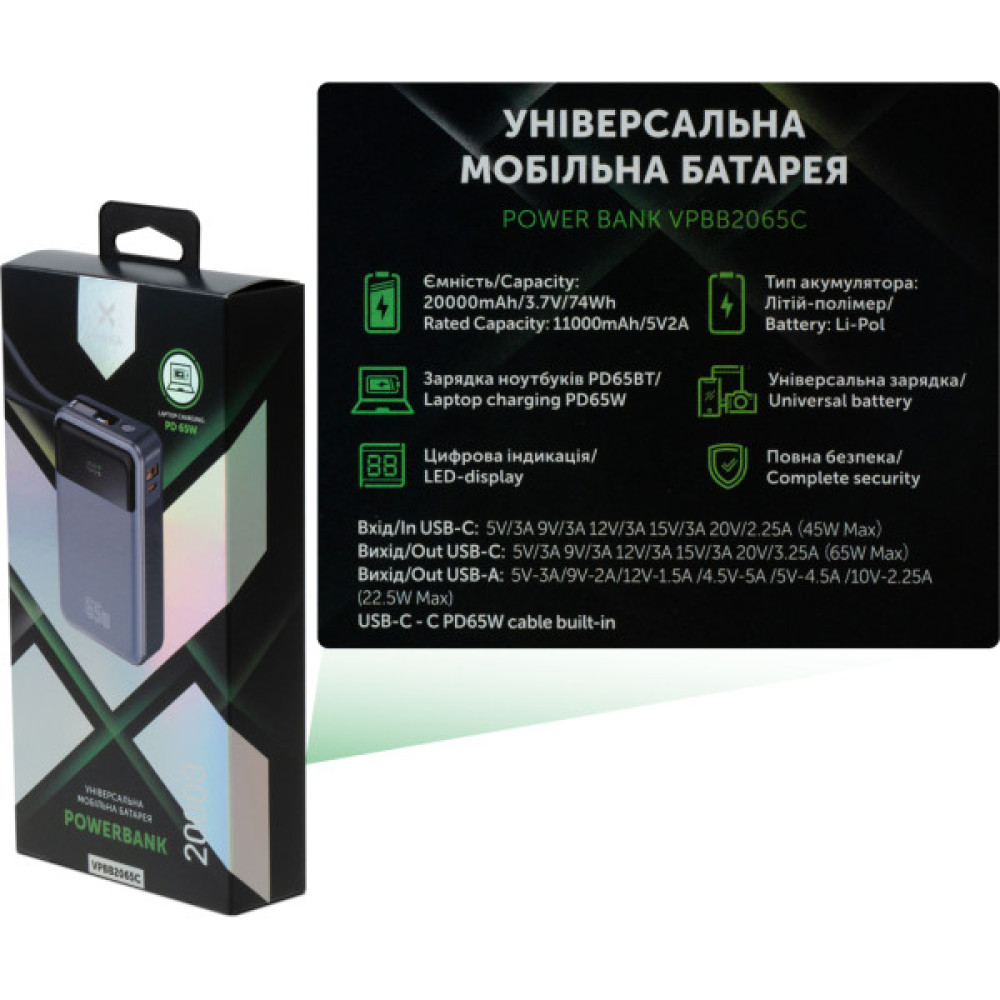 Батарея універсальна Vinga 20000 mAh 65W Display USB-C Cable Grey (VPBB2065C)