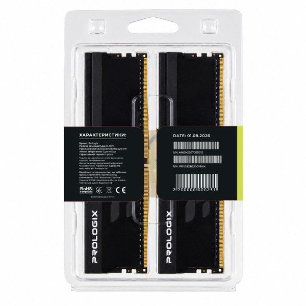 Модуль пам'яті для комп'ютера DDR4 32GB (2x16GB) 3200 MHz Onyx Black Prologix (PRO32GB3200YB4K)