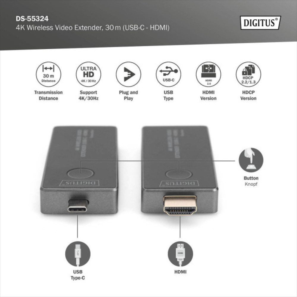 Бездротовий подовжувач DIGITUS USB-C > HDMI, 4K UHD, 30 м