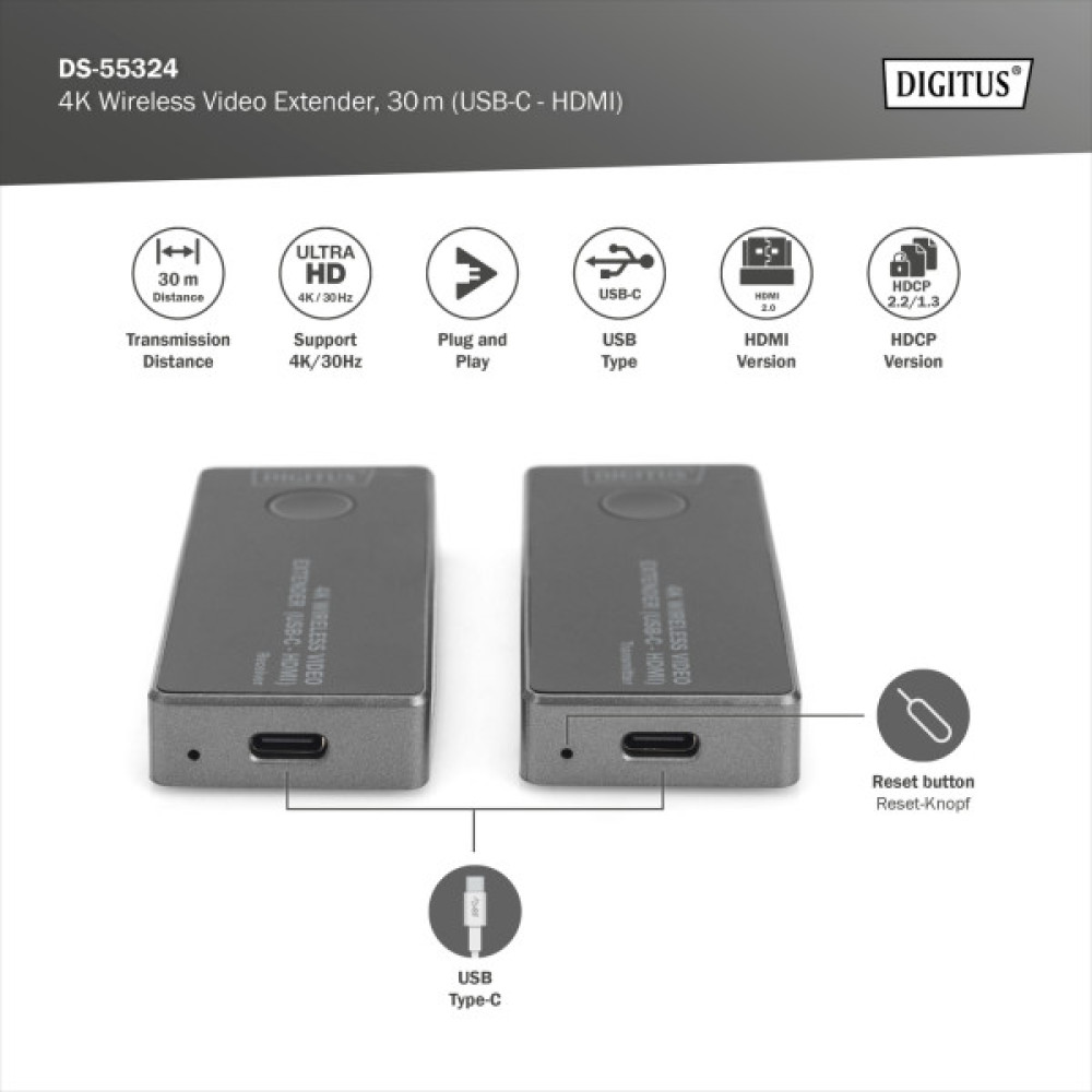 Бездротовий подовжувач DIGITUS USB-C > HDMI, 4K UHD, 30 м