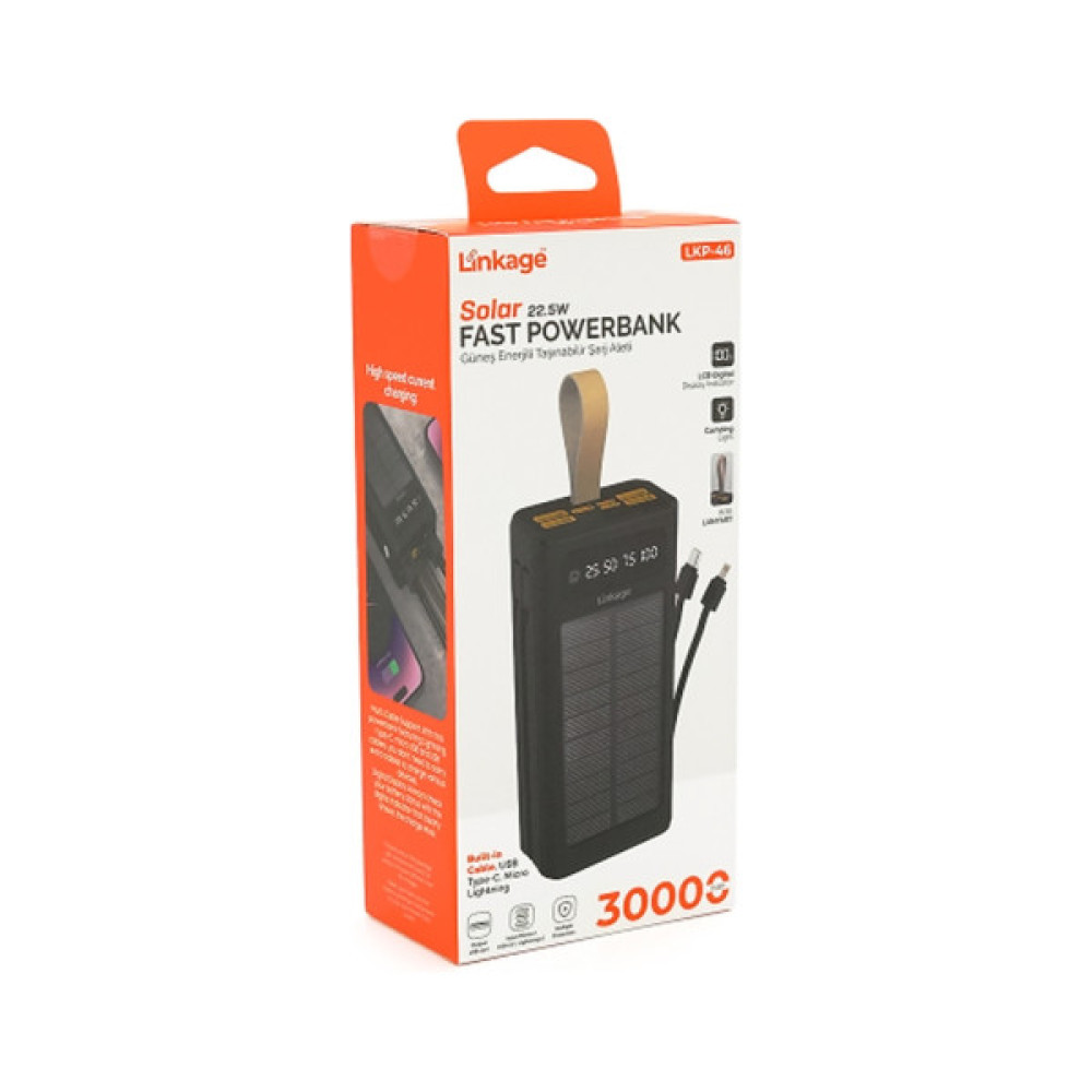 Батарея універсальна Linkage 30000mAh, Solar, 22.5W, cables Туре-С+Lighting, Black (LKP-46)