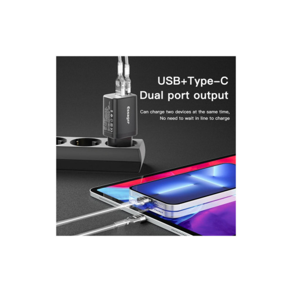 Зарядний пристрій Essager 1xUSB + 1xUSB-C PD30W black (ECTPQS-ZTB01)