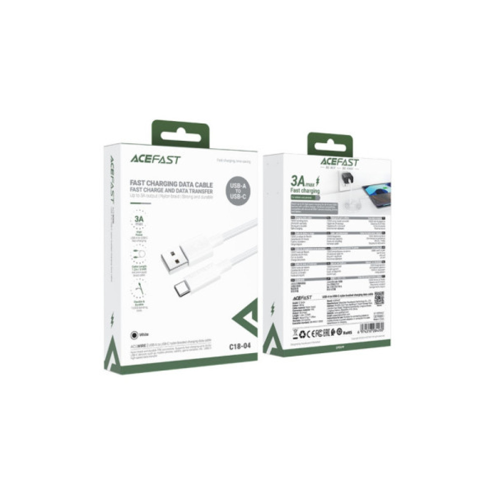 Дата кабель USB 2.0 AM to USB-C 1.2m 3A white Acefast (6974316284260)