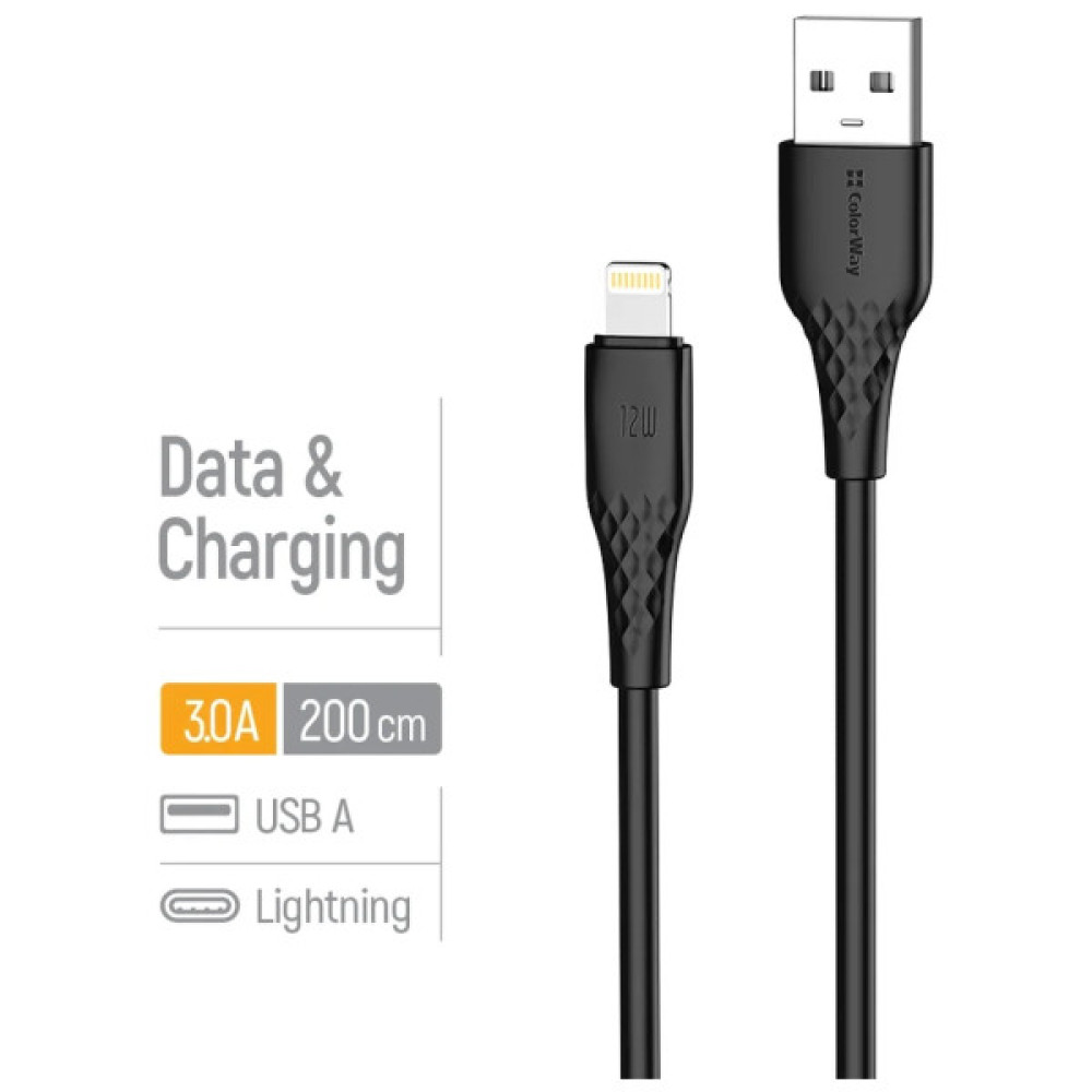 Дата кабель USB 2.0 AM to Lightning 2.0m 3A textured PVC black ColorWay (CW-CBUL095-BK)