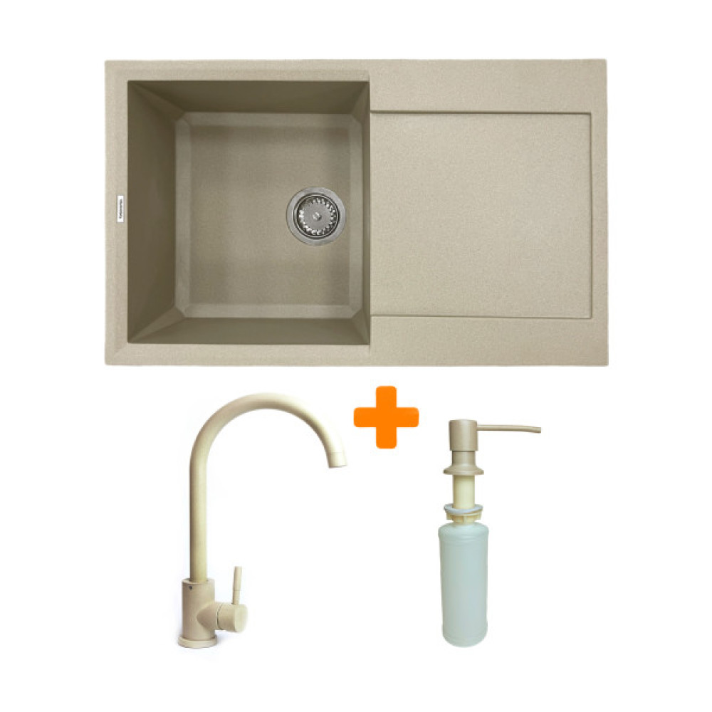 Набір кухонний Adamant Horizon, штучний камінь, прямокут., з крилом, 780х495х230мм, чаша - 1, врізна, Сахара + змішувач та дозатор