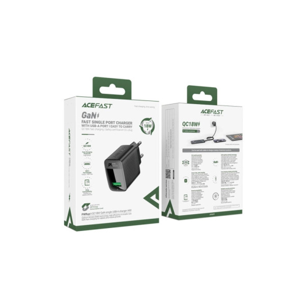Зарядний пристрій Acefast A90 USB QC3.0 18W GaN black (6974316283249)