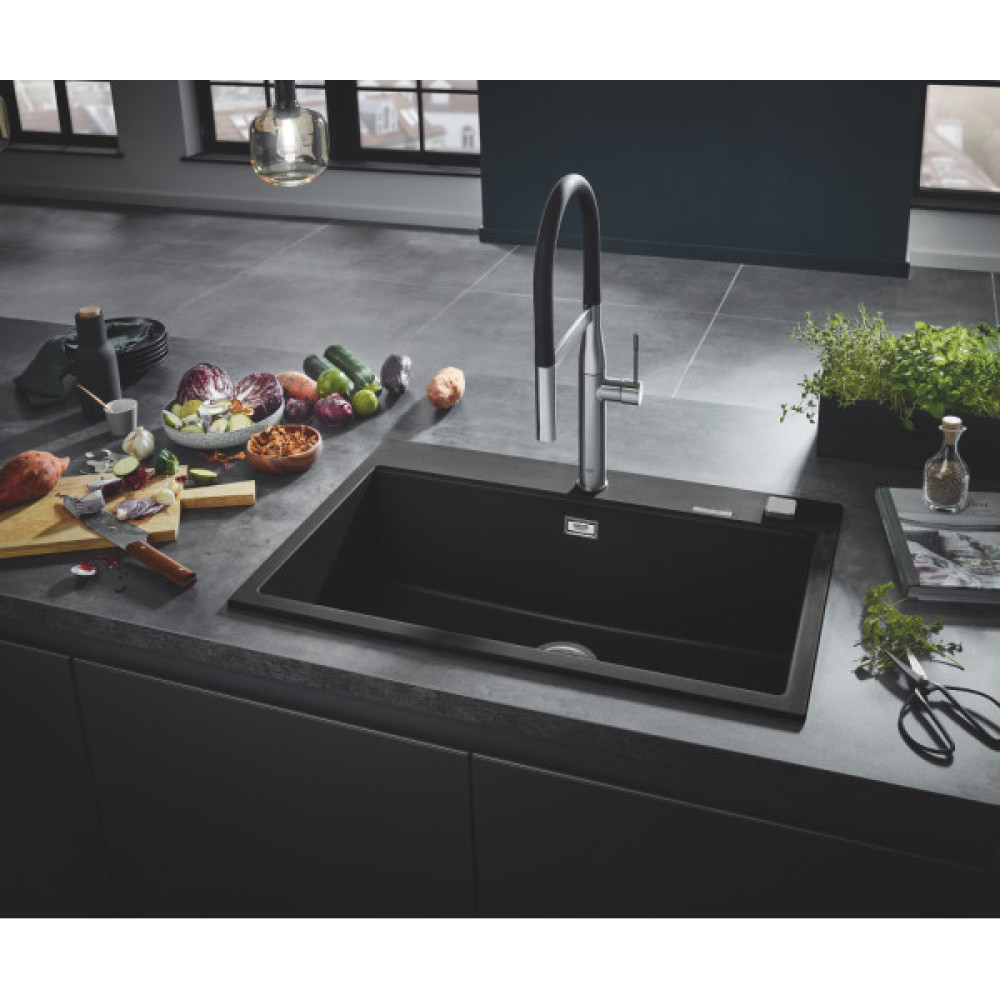 Мийка кухонна Grohe K700, граніт, прямокут., без крила, 780x510x220мм, чаша - 1, врізна, чорний граніт