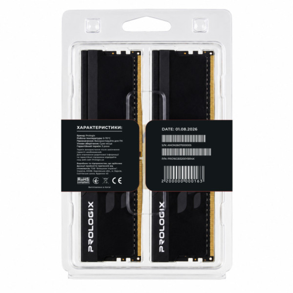 Модуль пам'яті для комп'ютера DDR4 16GB (2x8GB) 3200 MHz Onyx Black RGB Prologix (PRO16GB3200YBR4K)