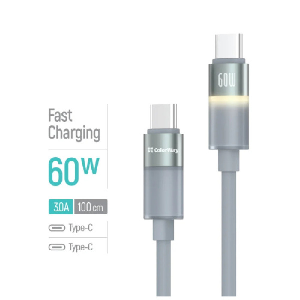 Дата кабель USB-C to USB-C 1.0m 3A 60W warm light gray ColorWay (CW-CBPDCC092-GR)