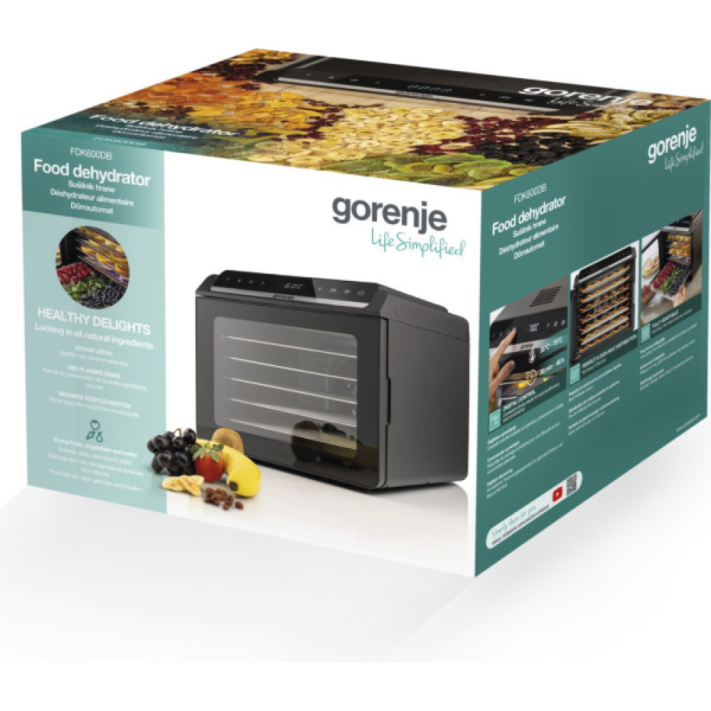 Сушарка для продуктів Gorenje 580Вт, піддонів - 6x1.5см, діаметр - 25см, макс - 75°С, дисплей, пластик+метал, чорний