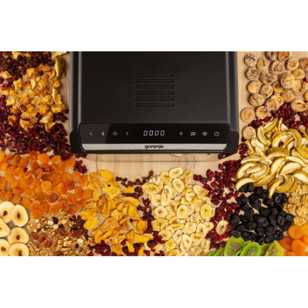 Сушарка для продуктів Gorenje 580Вт, піддонів - 6x1.5см, діаметр - 25см, макс - 75°С, дисплей, пластик+метал, чорний