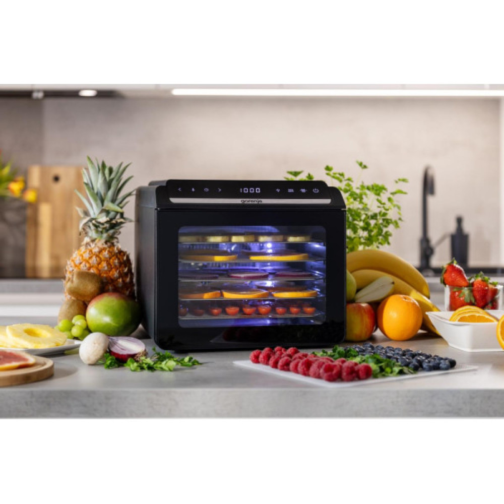 Сушарка для продуктів Gorenje 580Вт, піддонів - 6x1.5см, діаметр - 25см, макс - 75°С, дисплей, пластик+метал, чорний