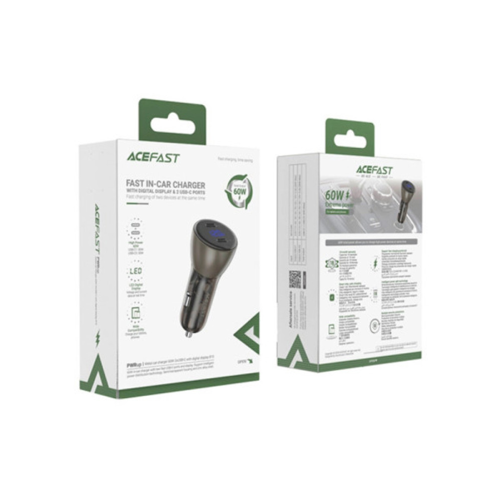 Зарядний пристрій Acefast B10 Car Charger 2xUSB-C 60W with digital display Metal Black (6974316282358)