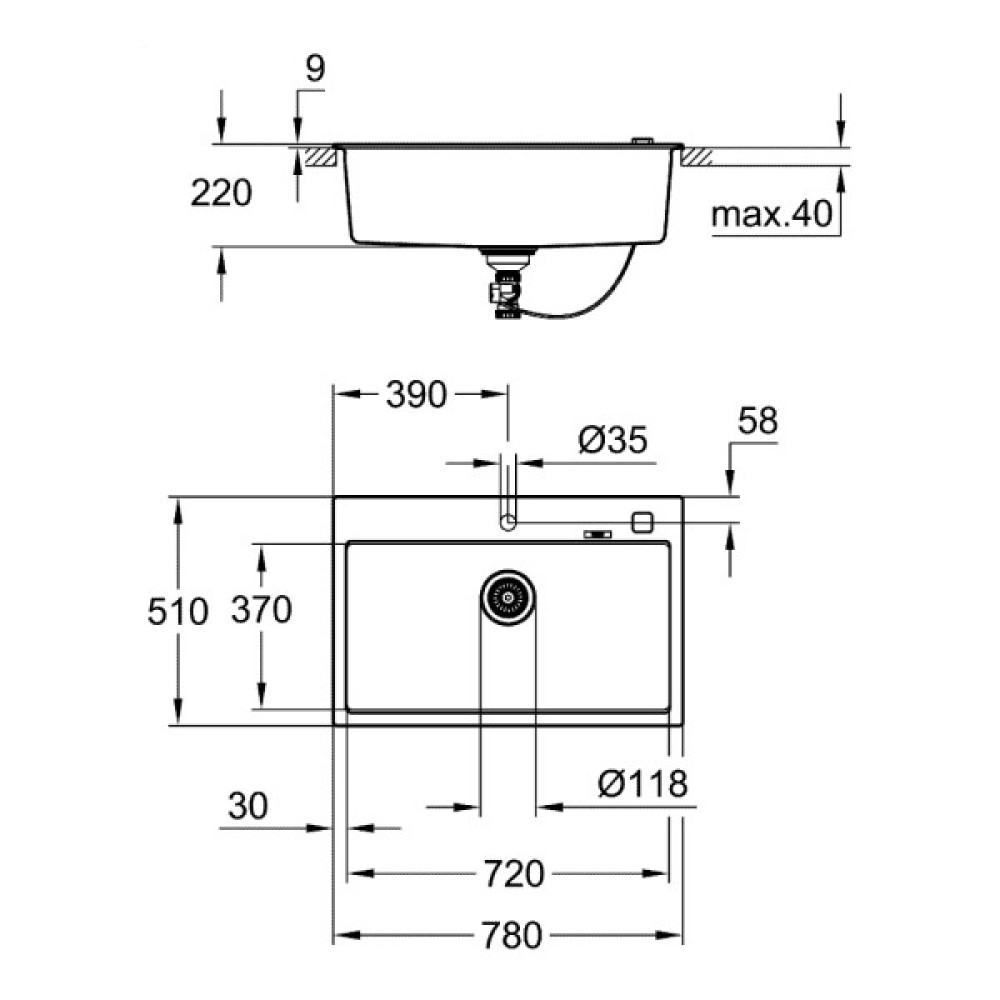 Мийка кухонна Grohe K700, граніт, прямокут., без крила, 780x510x220мм, чаша - 1, врізна, чорний граніт