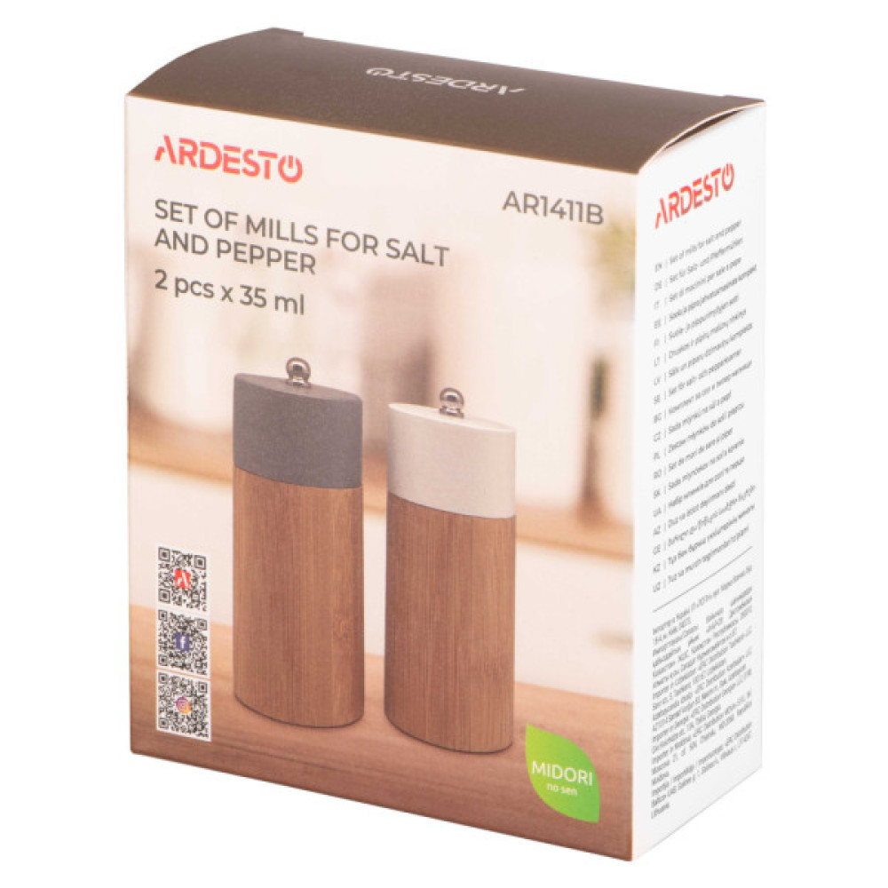 Млинок для спецій Ardesto Midori, Набір 2 шт х 35мл для солі та перцю сірий, білий (AR1411B)