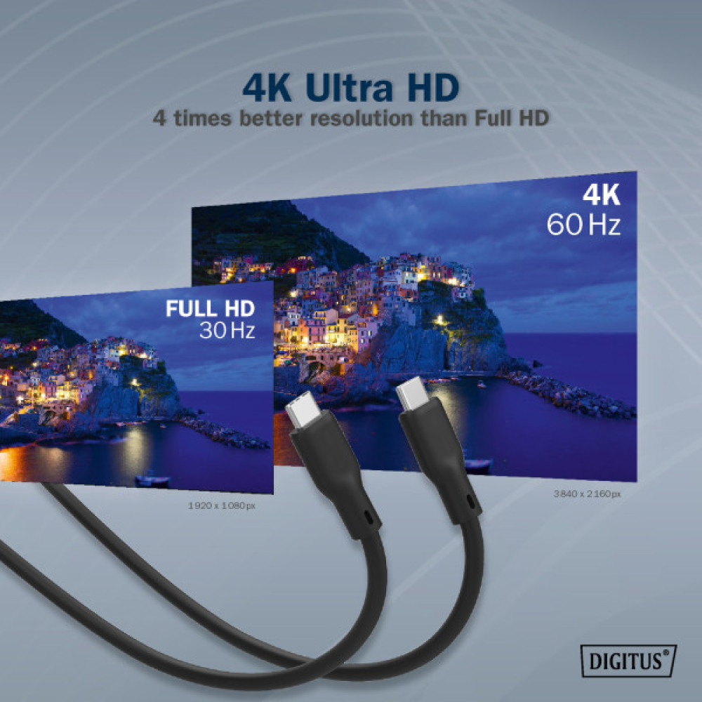 Кабель DIGITUS USB-C заряджання/синхронізації, USB 3.2 Gen 2, 10G, 100W, 4K, силіконовий, 1м, чорний