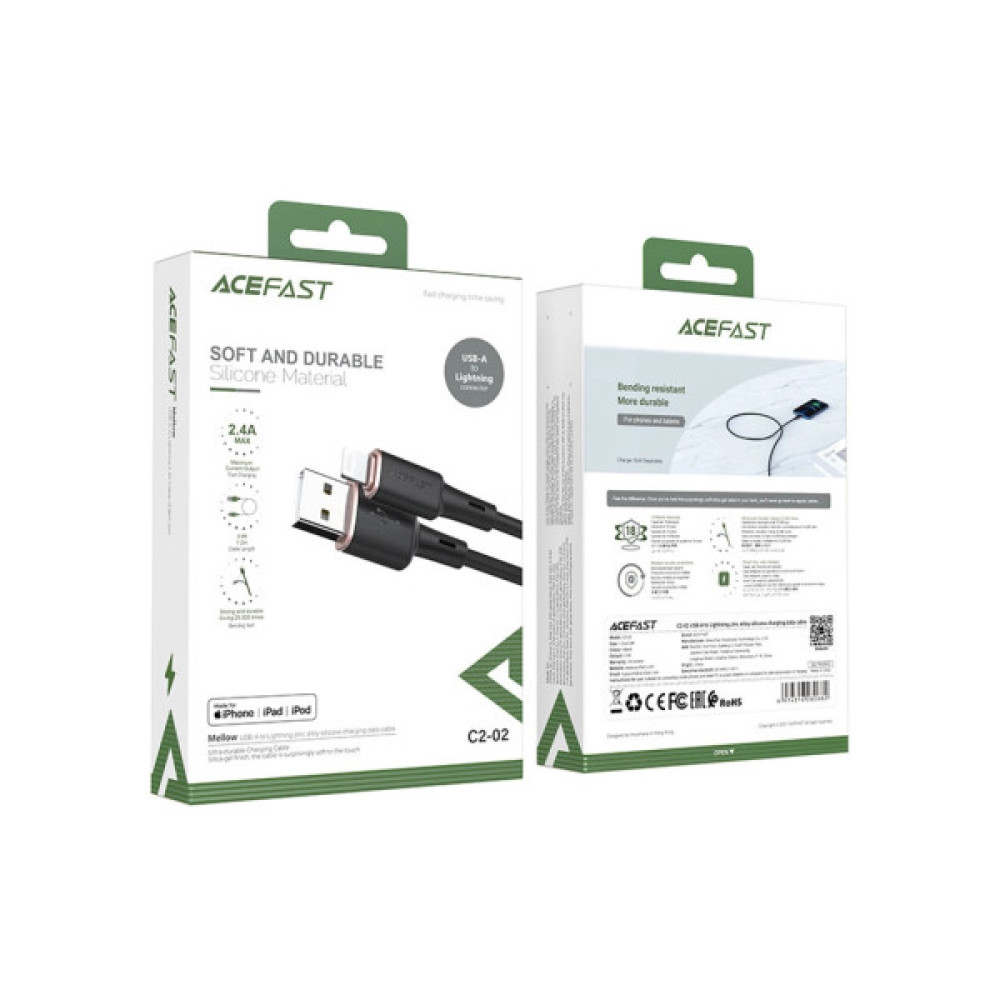Дата кабель USB 2.0 AM to Lightning 1.2m 2.4A silicone C2-02 black Acefast (AFC2-02B)