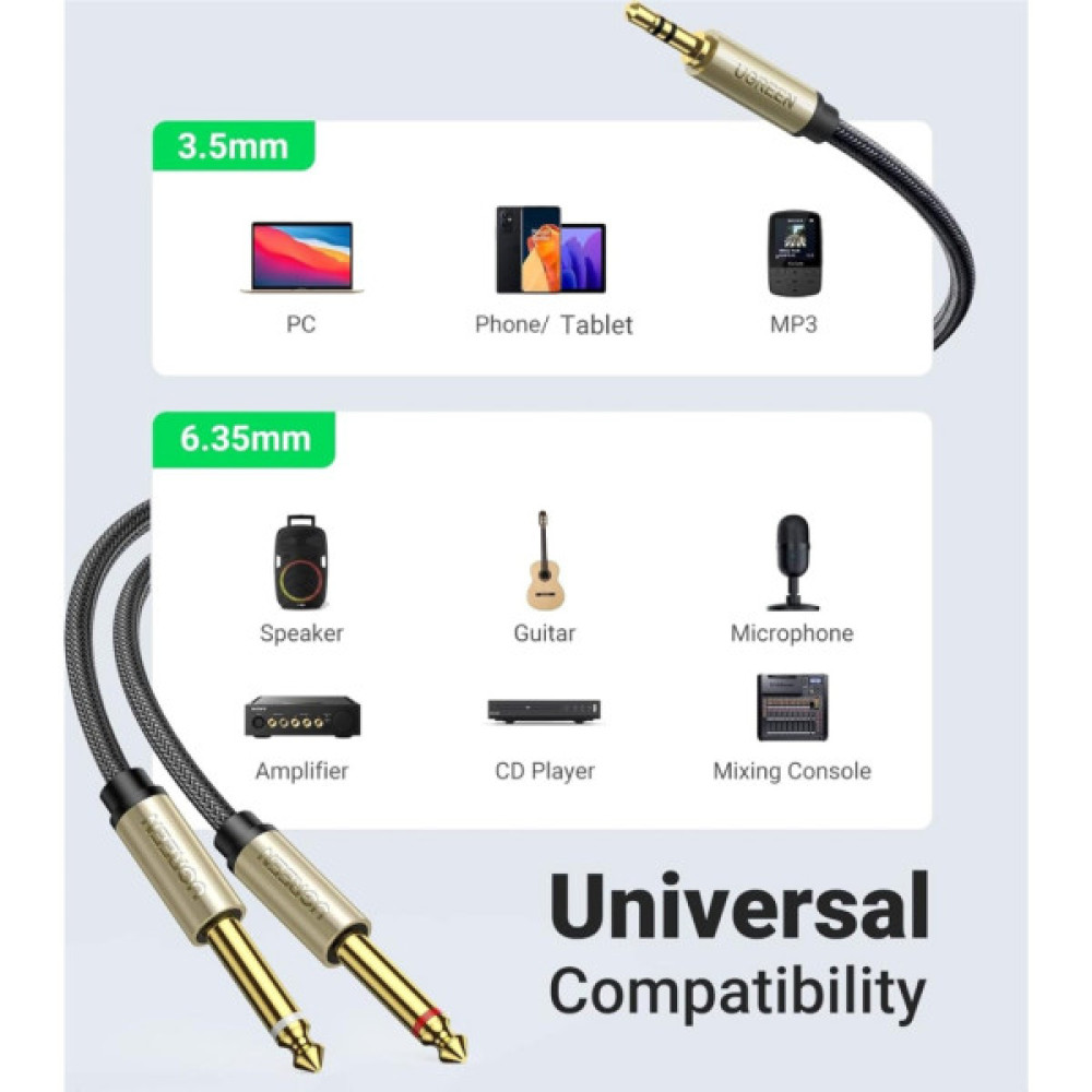 Кабель мультимедійний 3.5mm M to 2x6.35mm M 1.0m gray Ugreen (UGR-10613)