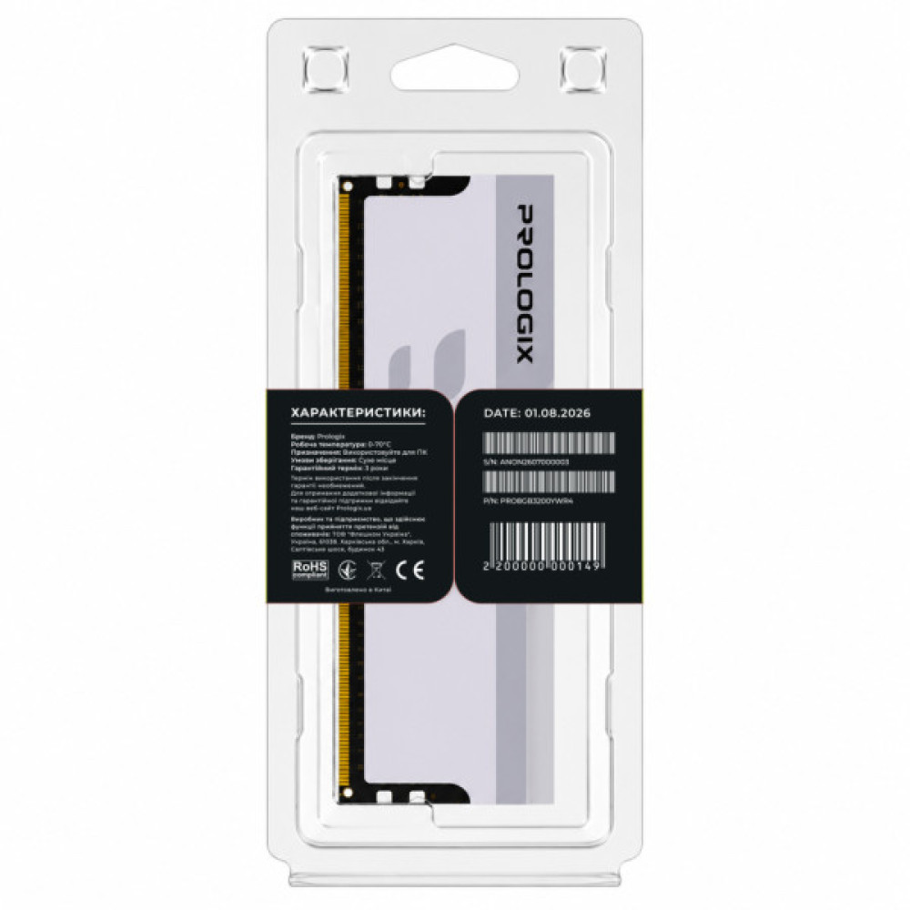 Модуль пам'яті для комп'ютера DDR4 8GB 3200 MHz Onyx White RGB Prologix (PRO8GB3200YWR4)