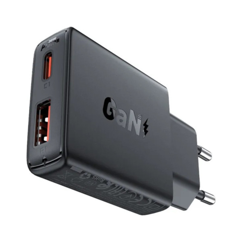 Зарядний пристрій Acefast 2xUSB 30W (USB-C+USB-A) Gan A69 ultra-thin Fast Charger Black (6974316282709)