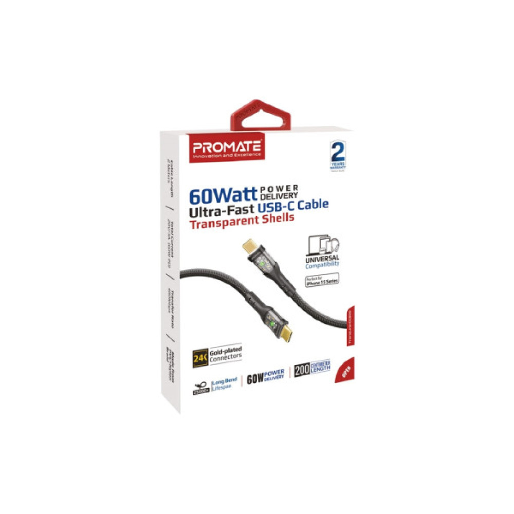 Дата кабель USB-C to USB-C 2.0m Promate (transline-cc200.black)