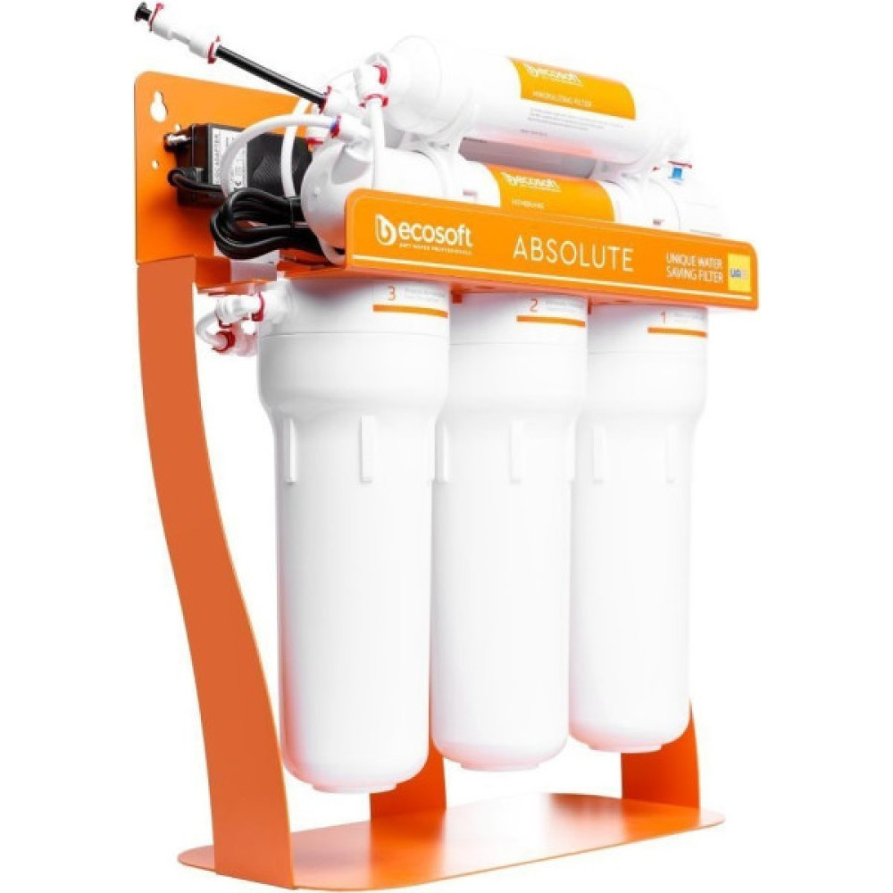 Фільтр зворотного осмосу Ecosoft Absolute з мінералізатором та помпою на станині, мембрана 75gpd DuPont, дренаж 1:1