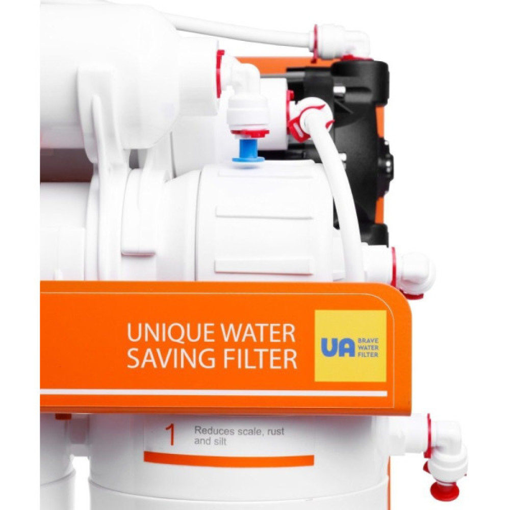 Фільтр зворотного осмосу Ecosoft Absolute з мінералізатором та помпою на станині, мембрана 75gpd DuPont, дренаж 1:1