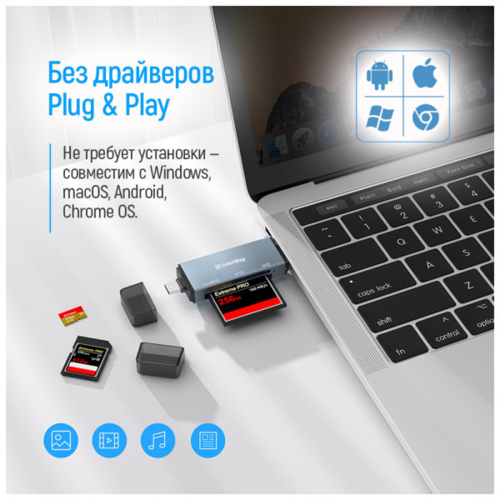 Зчитувач флеш-карт ColorWay USB 2.0/USB-C to CF/SD/MicroSD (CW-CR-01)