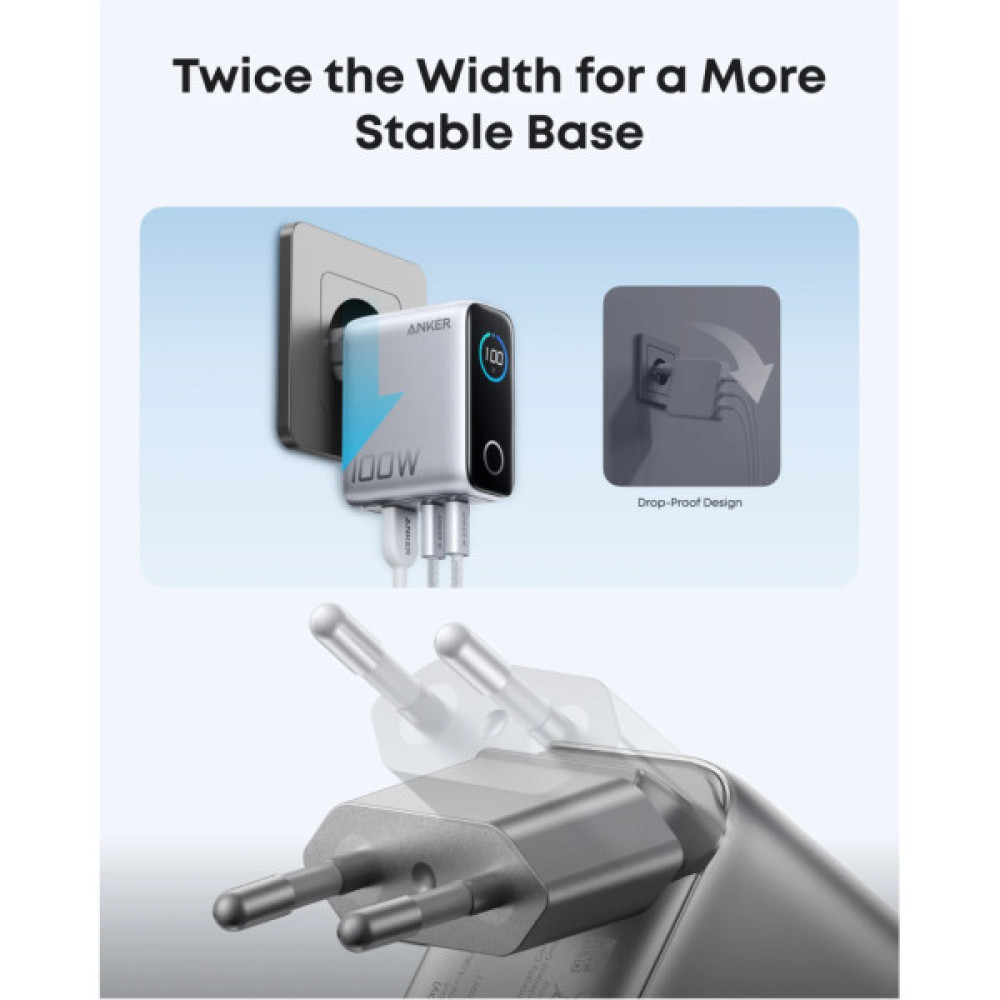 Зарядний пристрій Anker 2xUSB-C PD100W + 1xUSB GaN w Display + cable USB-C silver (B121BG41)