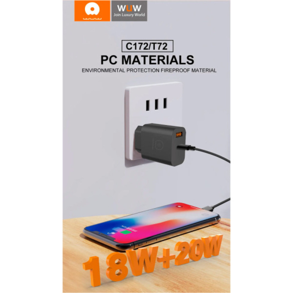 Зарядний пристрій WUW C172 1xUSB-C PD20W + 1xUSB QC3.0 18W White (с172W)