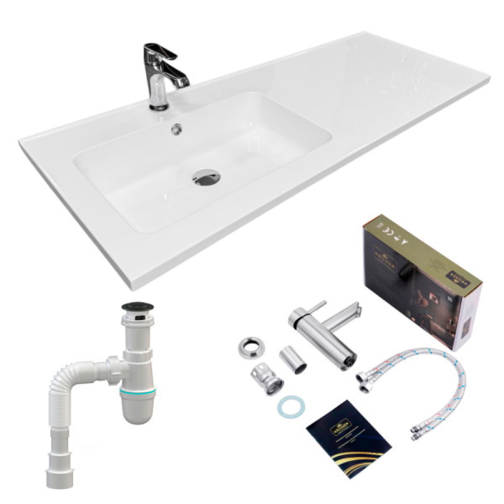 Набір для ванної кімнати, раковина, умивальник Adamant FLATE 120L, штучний камінь, прямокут., з сифоном Click-Clack + змішувач