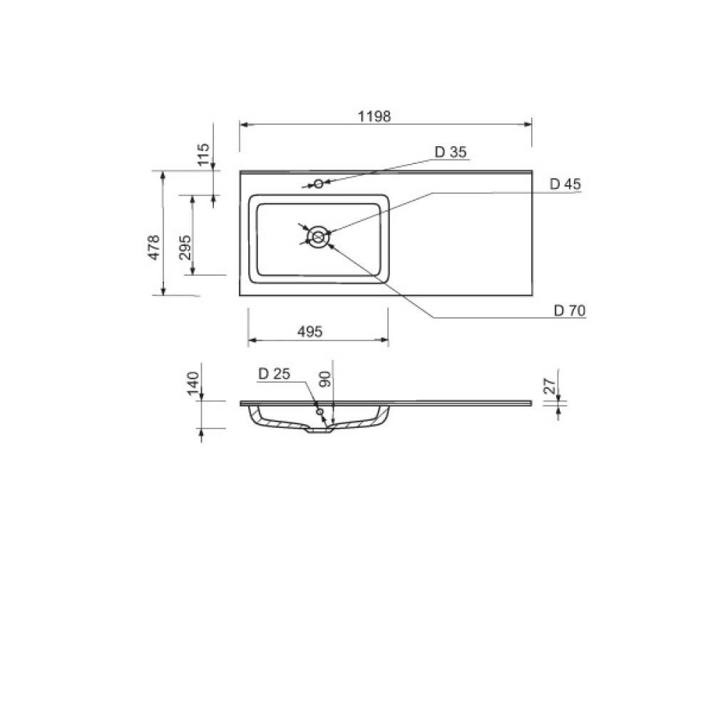 Набір для ванної кімнати, раковина, умивальник Adamant FLATE 120L, штучний камінь, прямокут., з сифоном Click-Clack + змішувач