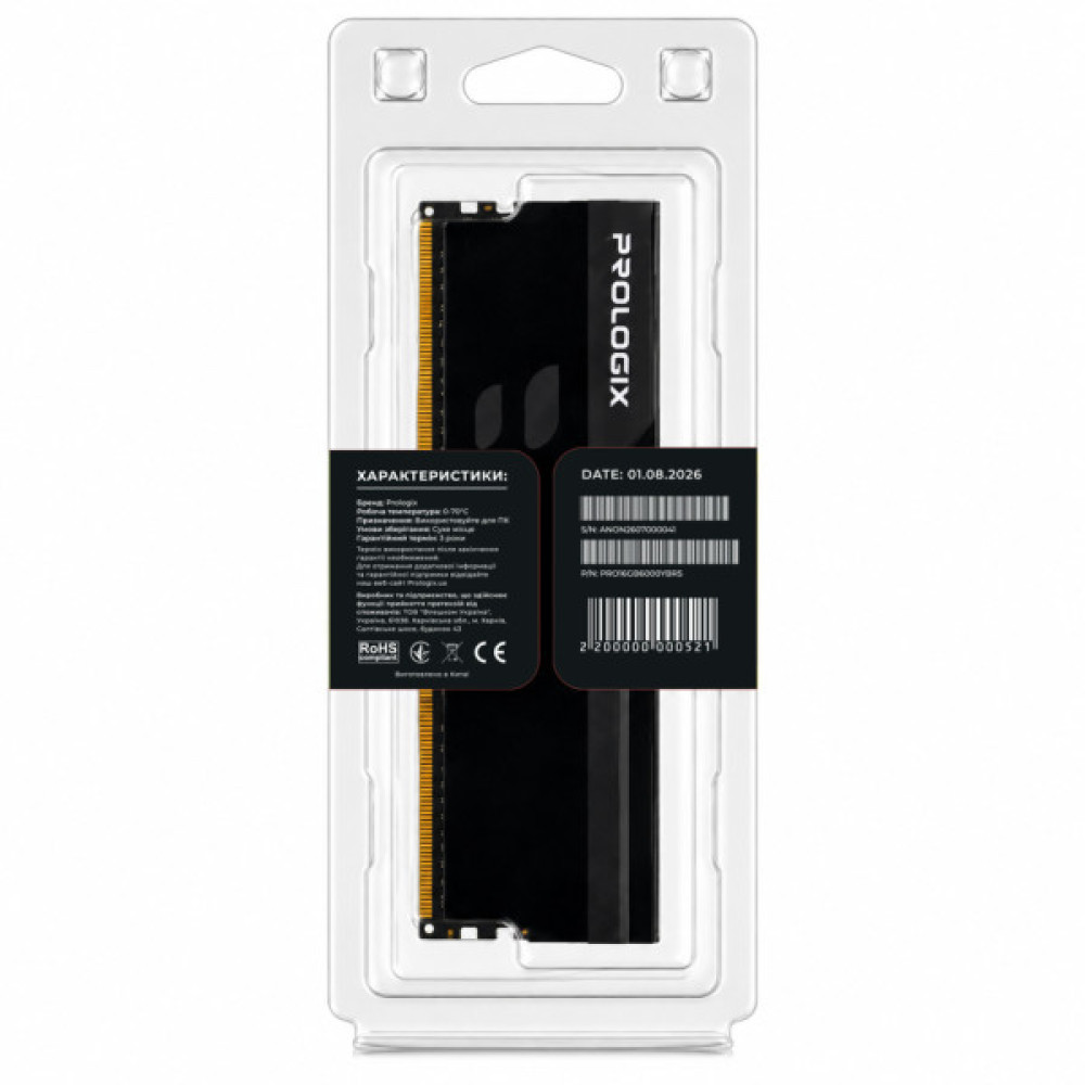 Модуль пам'яті для комп'ютера DDR5 16GB 6000 MHz Onyx Black RGB Prologix (PRO16GB6000YBR5)