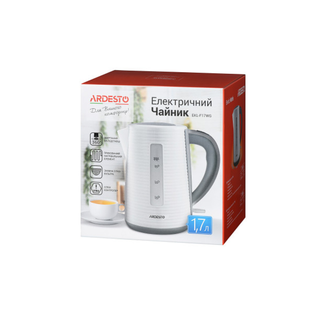 Електрочайник ARDESTO White stripes 1.7л, Strix, пластик, біло-сірий