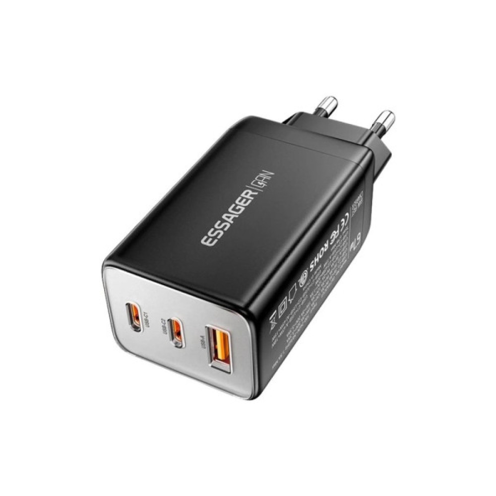Зарядний пристрій Essager 2xUSB-C + 1xUSB PD67W QC4.0 FCP GaN black (ECT67W-LJB01-Z)