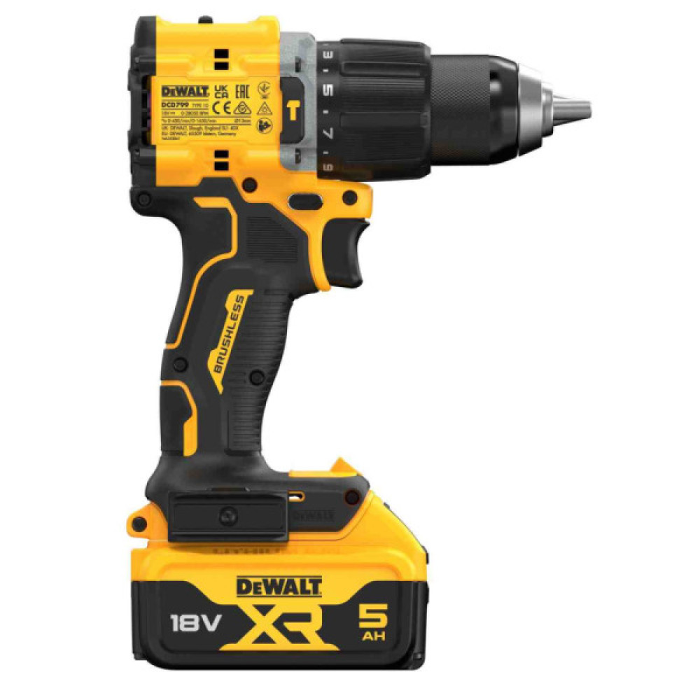 Шуруповерт DeWALT XR Li-Ion 18V 2x5Ah, 74 Нм, 0-450/0-1650 об/хв, 1.17 кг, TSTAK (DCD799P2T)