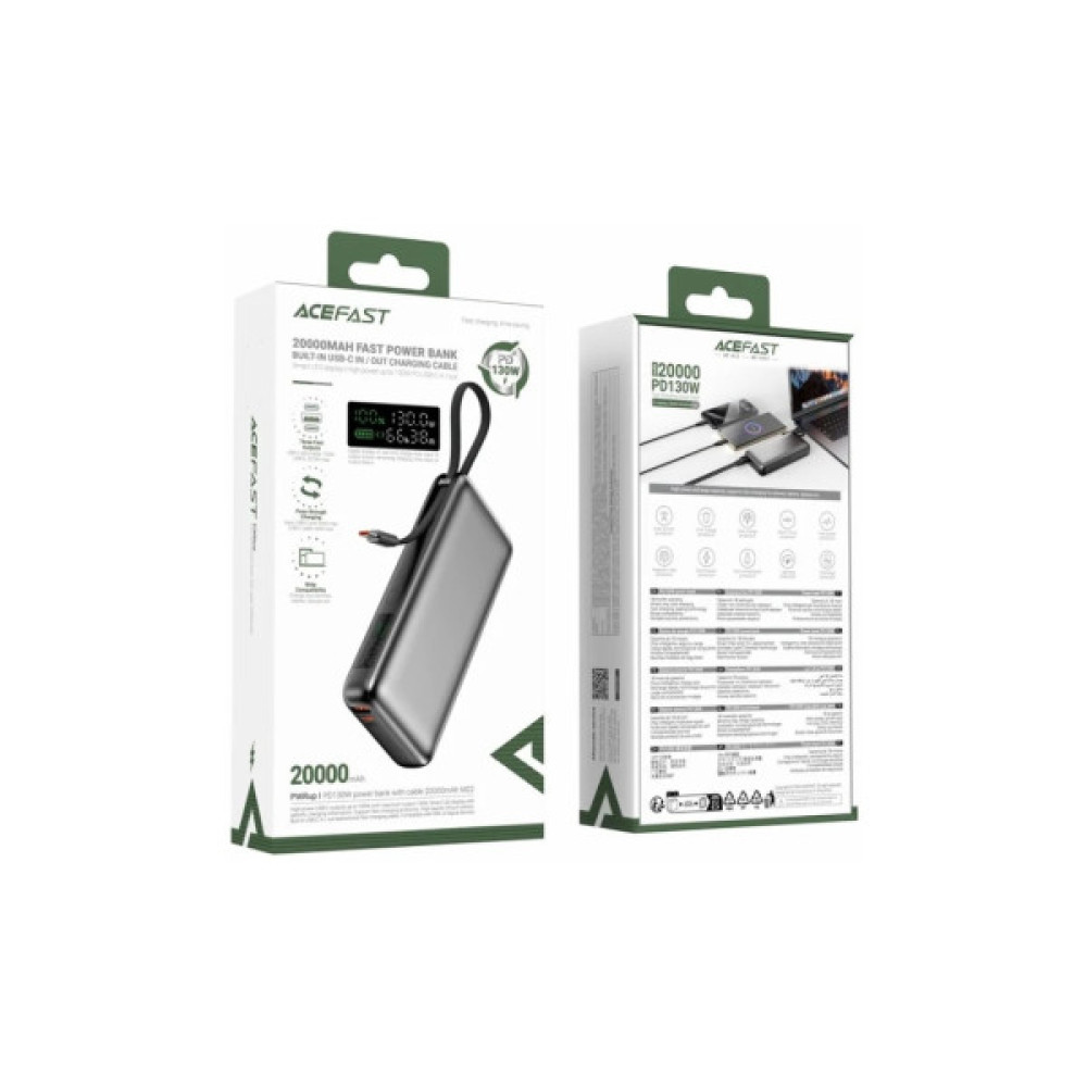 Батарея універсальна Acefast 20000mAh 130W PD, QC/3.0 USB-A+USB-C In/Out,build-in cable M22 Gray (6974316283904)