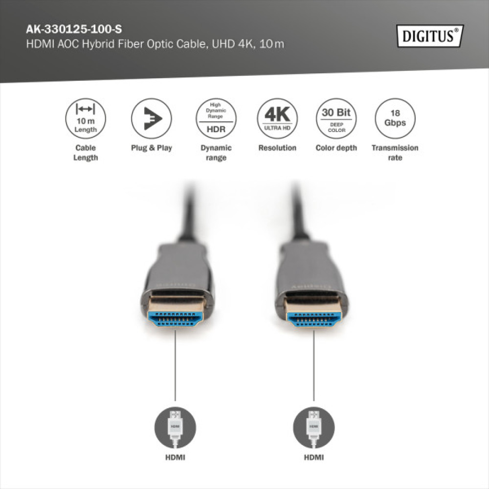 Кабель DIGITUS HDMI UHD 4K, AOC hybrid-fiber, type A M/M, 10м, чорний