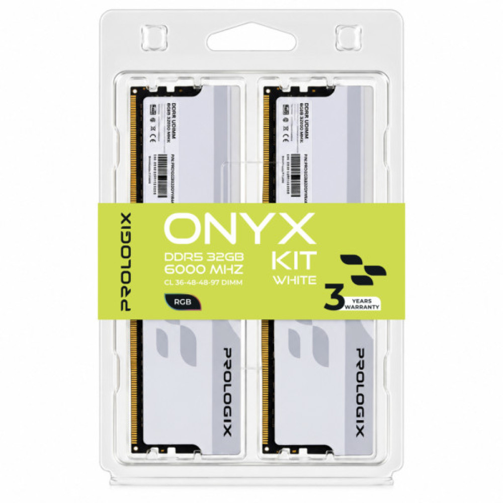 Модуль пам'яті для комп'ютера DDR5 32GB (2x16GB) 6000 MHz Onyx White RGB Prologix (PRO32GB6000YWR5K)