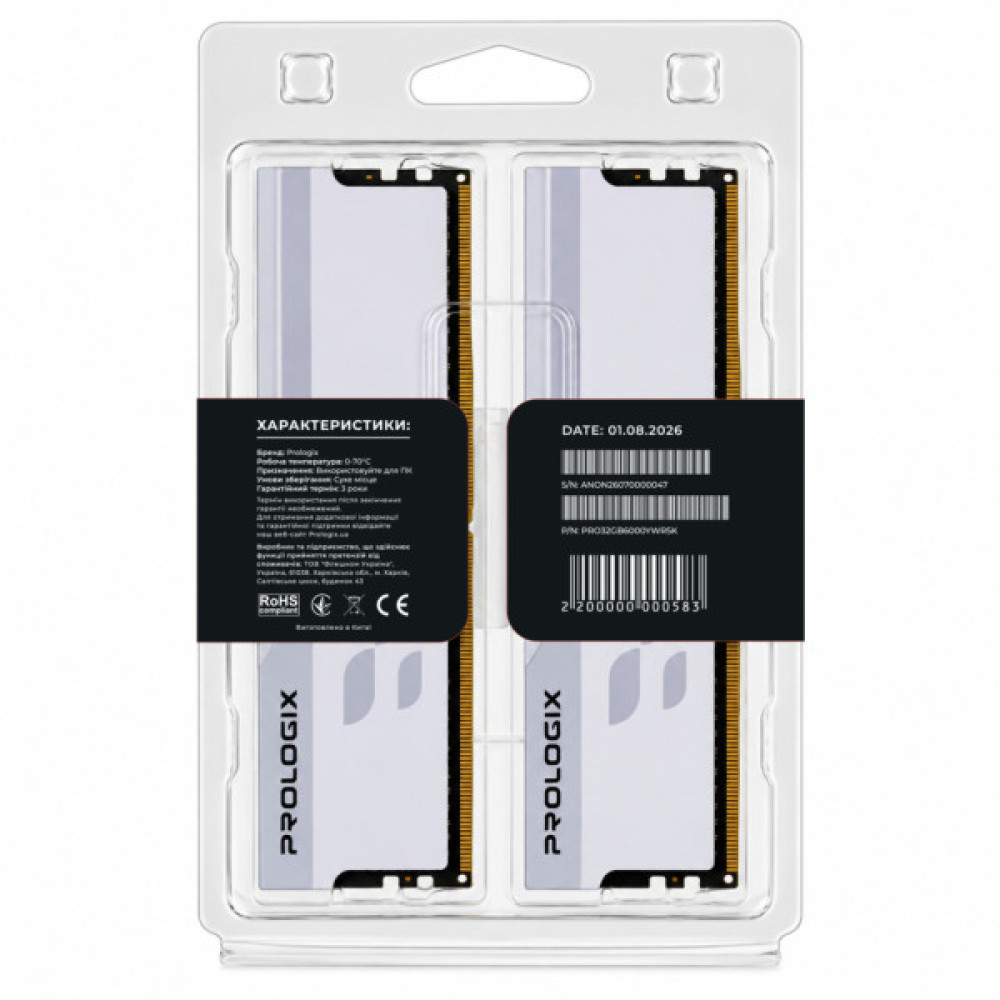 Модуль пам'яті для комп'ютера DDR5 32GB (2x16GB) 6000 MHz Onyx White RGB Prologix (PRO32GB6000YWR5K)