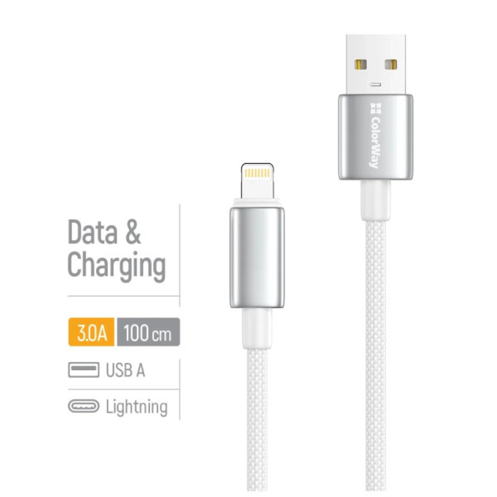 Дата кабель USB 2.0 AM to Lightning 1.0m 3A zinc alloy braided white ColorWay (CW-CBUL098-WT)