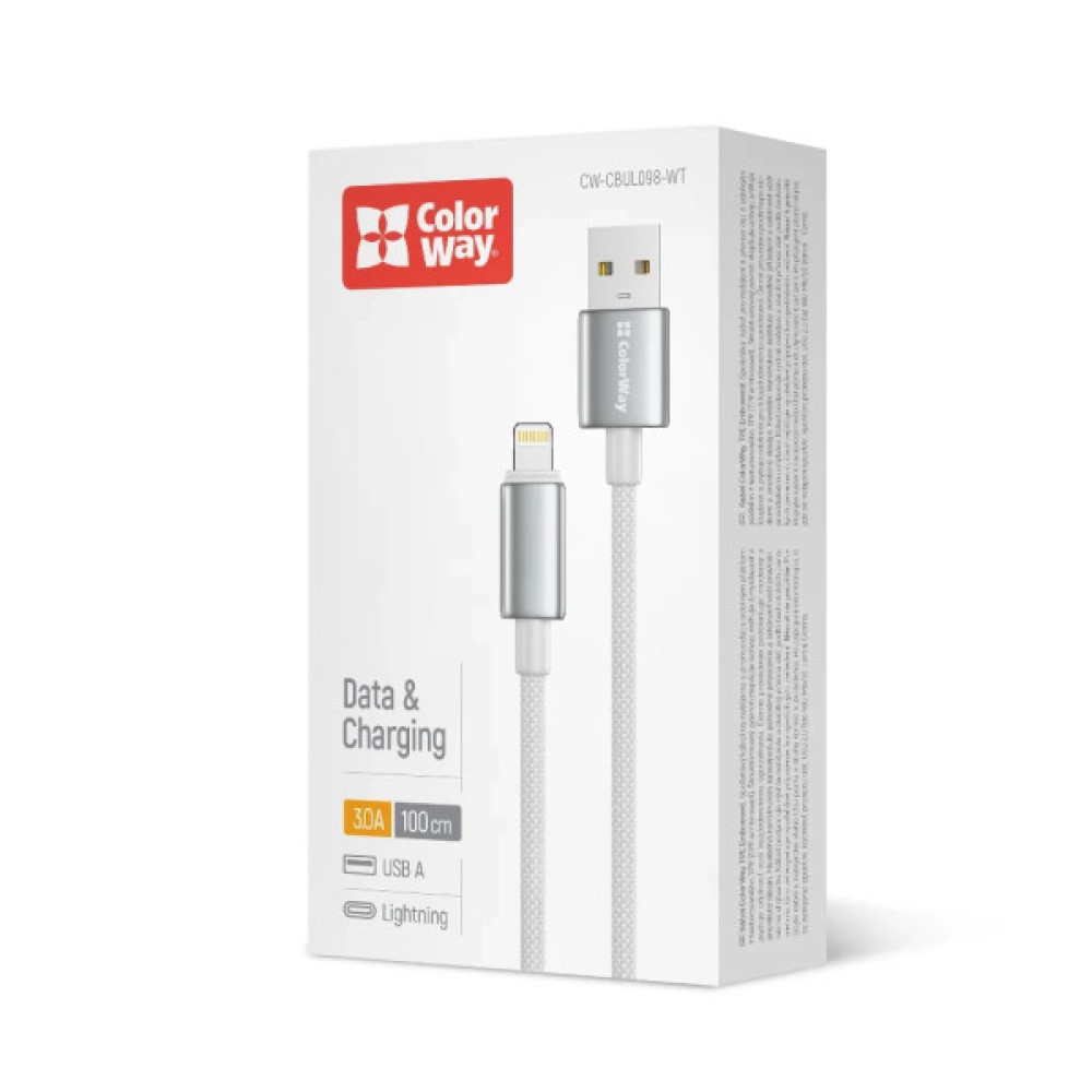 Дата кабель USB 2.0 AM to Lightning 1.0m 3A zinc alloy braided white ColorWay (CW-CBUL098-WT)